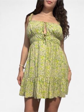 American Eagle Outfitters Yellow-Green Floral Cut Out Mini Dress
